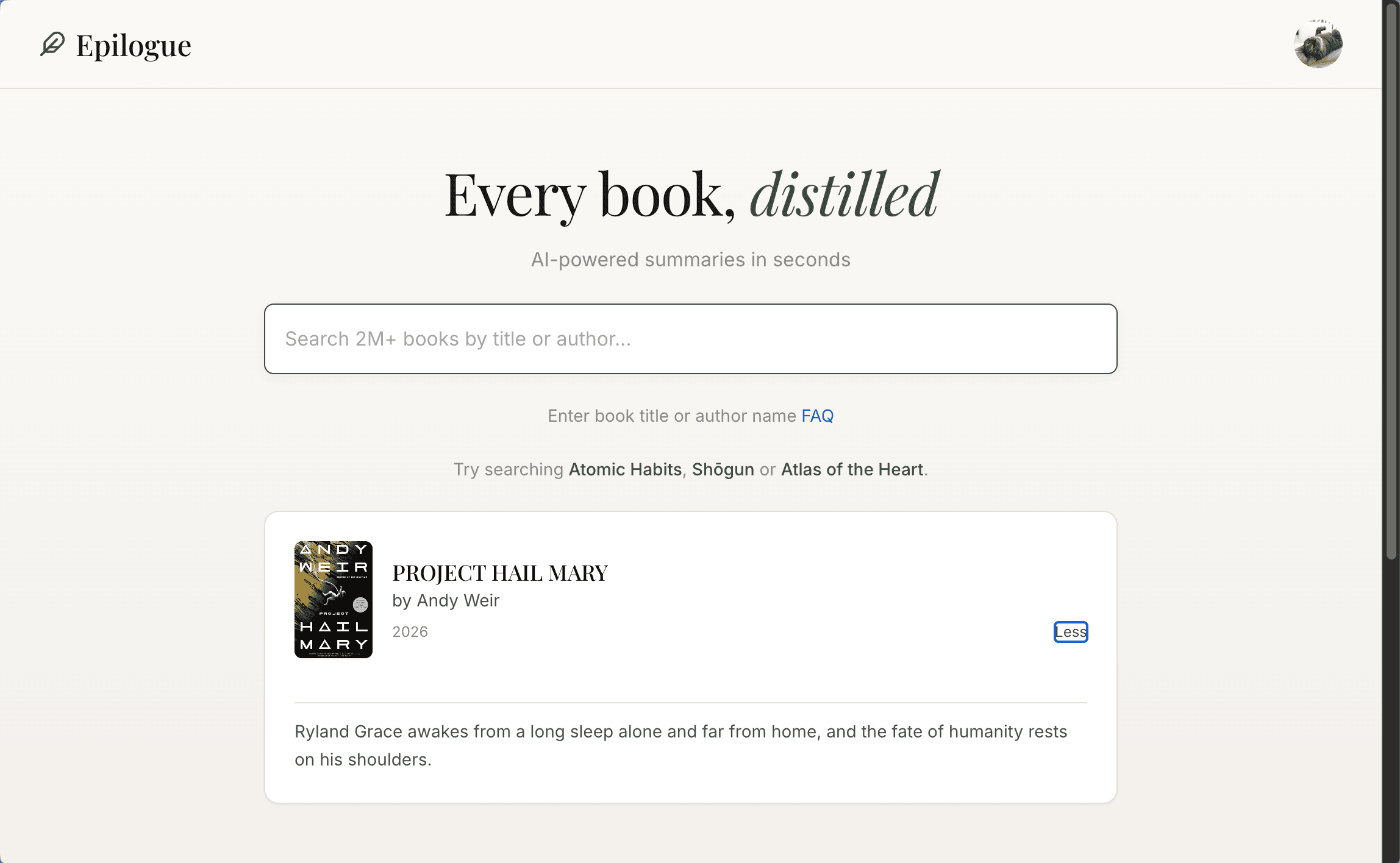 Epilogue book search interface