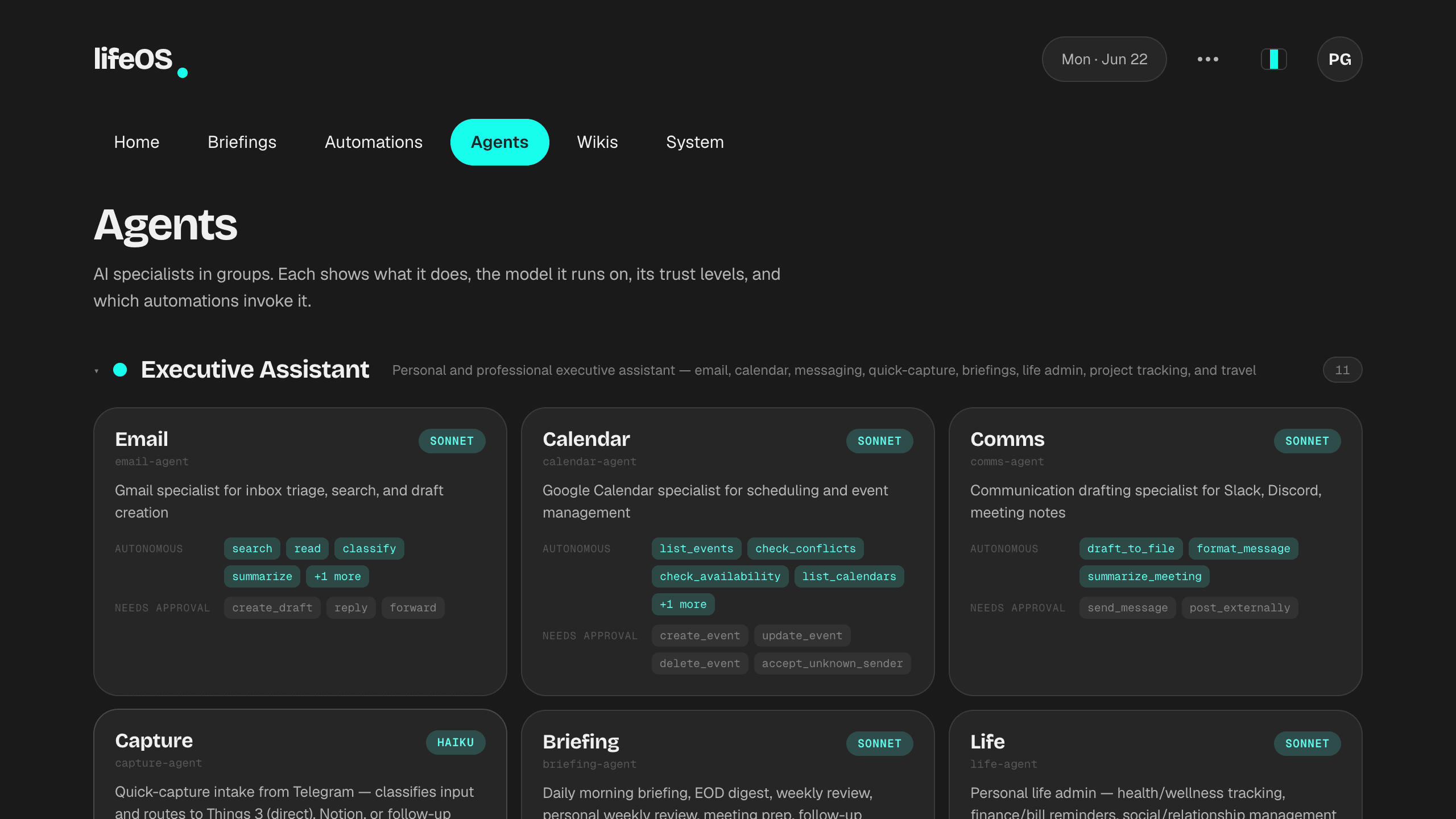 lifeOS Agents tab — agent groups, trust tiers, and autonomous task scheduling