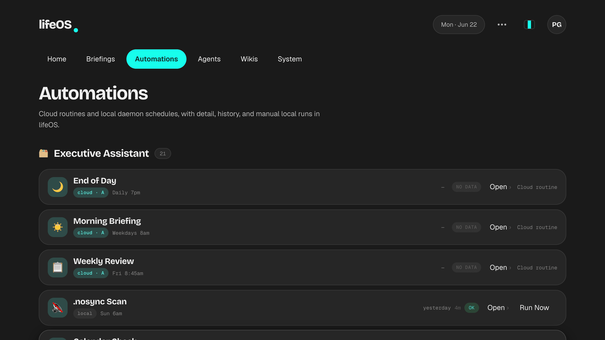 lifeOS Automations tab — scheduled cloud and local daemon routines with manual run triggers