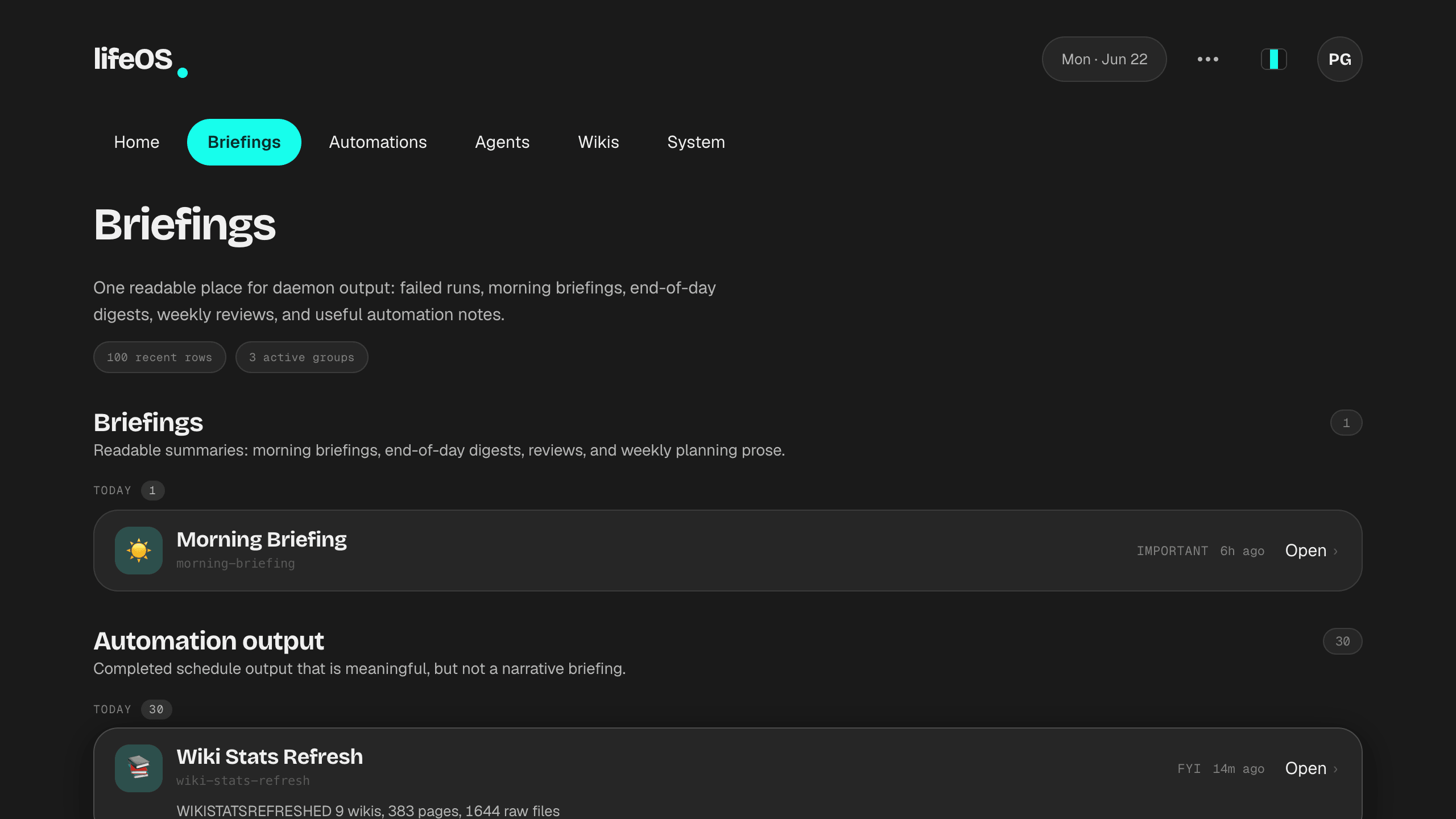lifeOS Briefings tab — morning briefings, automation output, and agent activity in one readable feed
