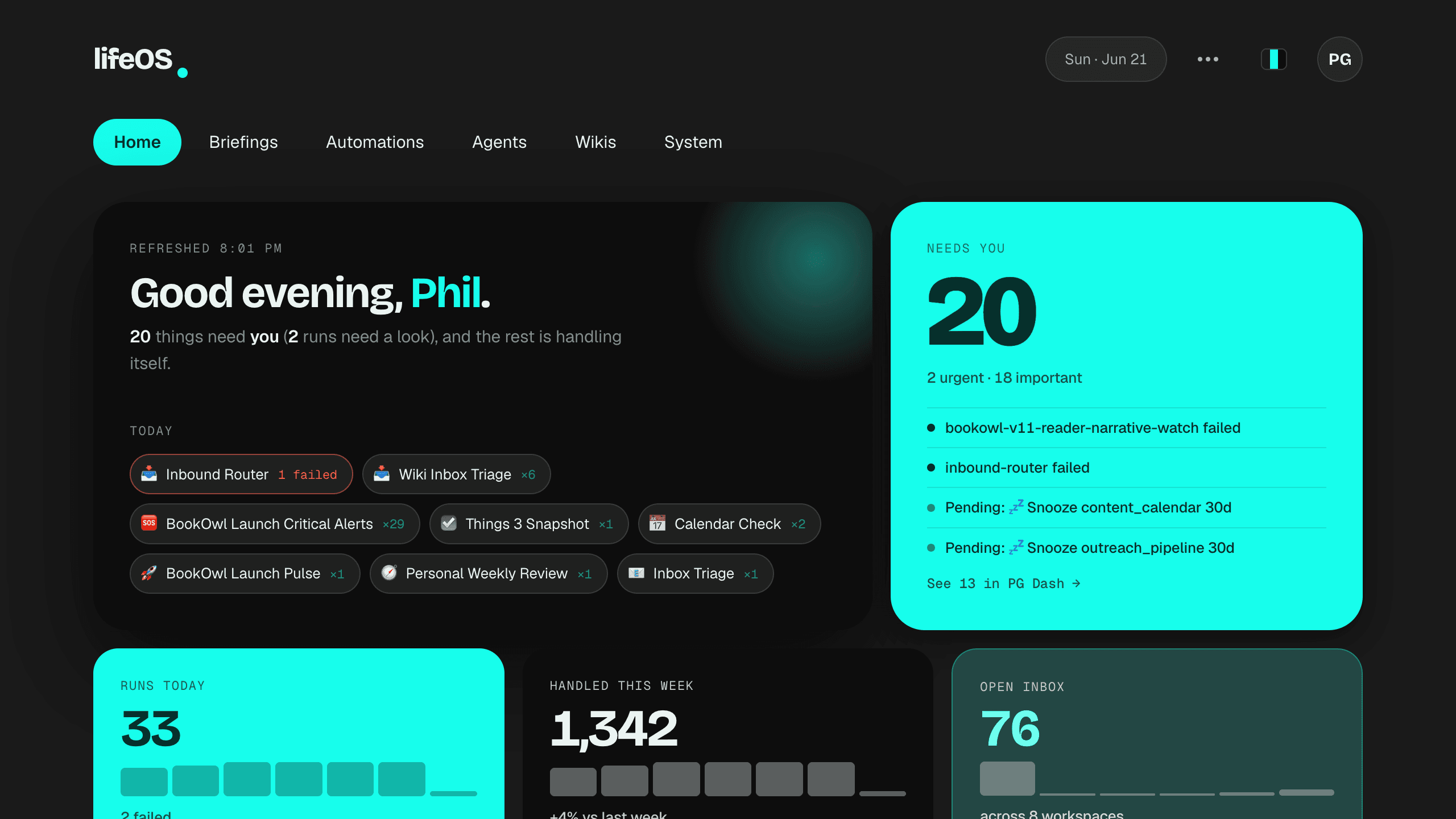 lifeOS Home dashboard