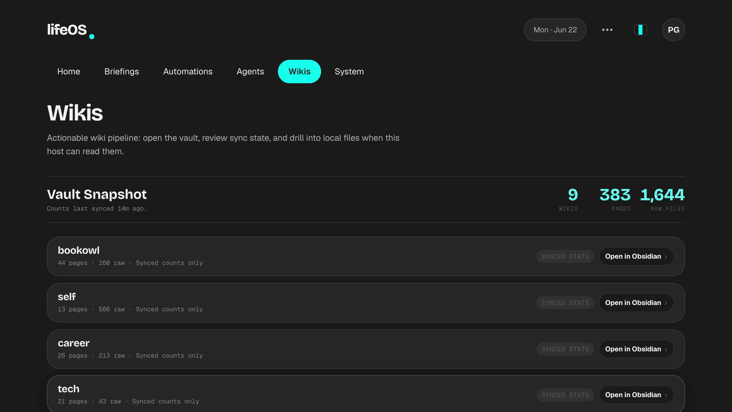 lifeOS Wikis tab — vault snapshot with 9 wikis, 383 pages, and 1,644 raw files