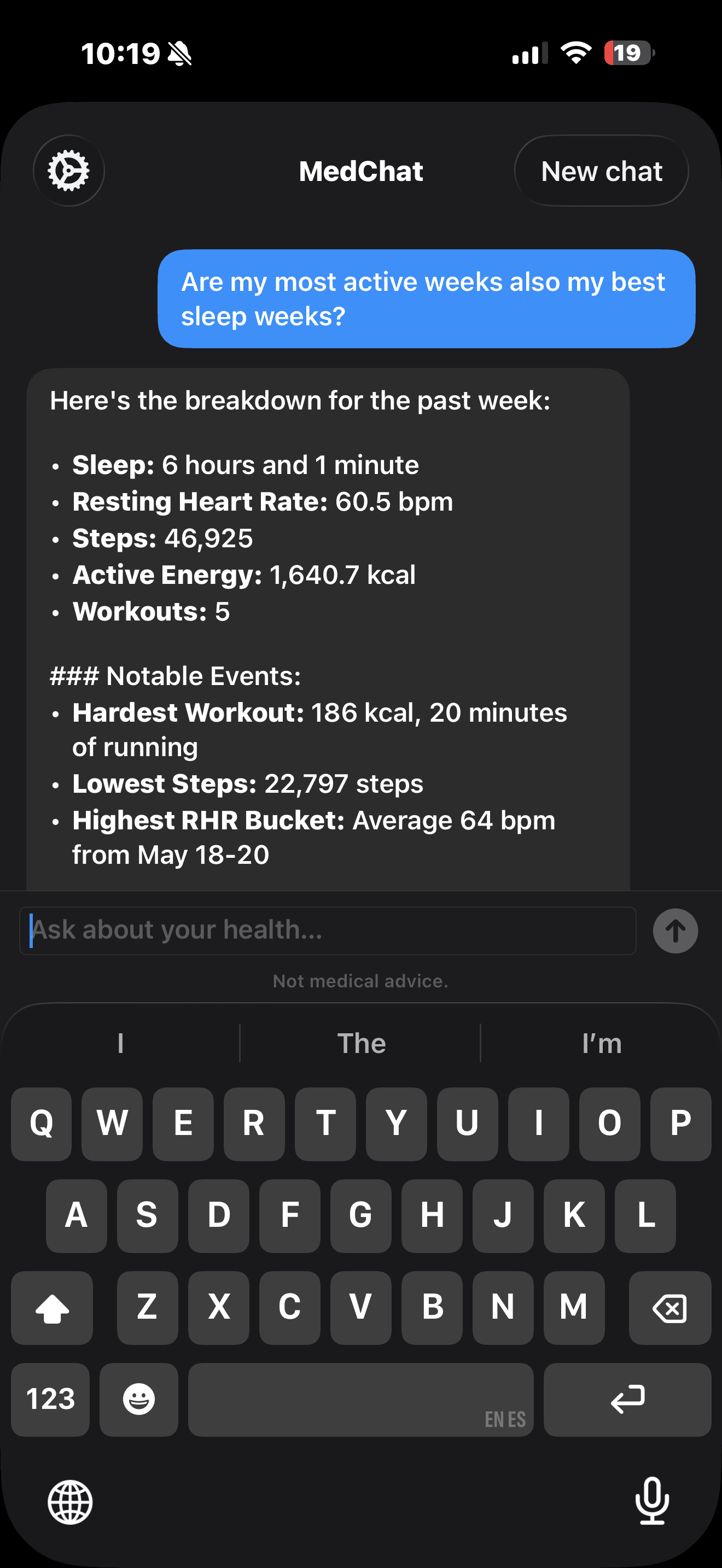 MedChat answering a question about active weeks and sleep patterns