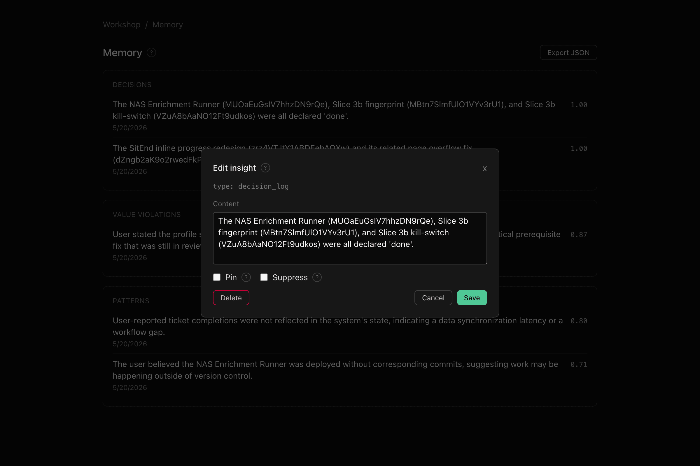 Product Partner Memory screen with a decision log and an edit modal