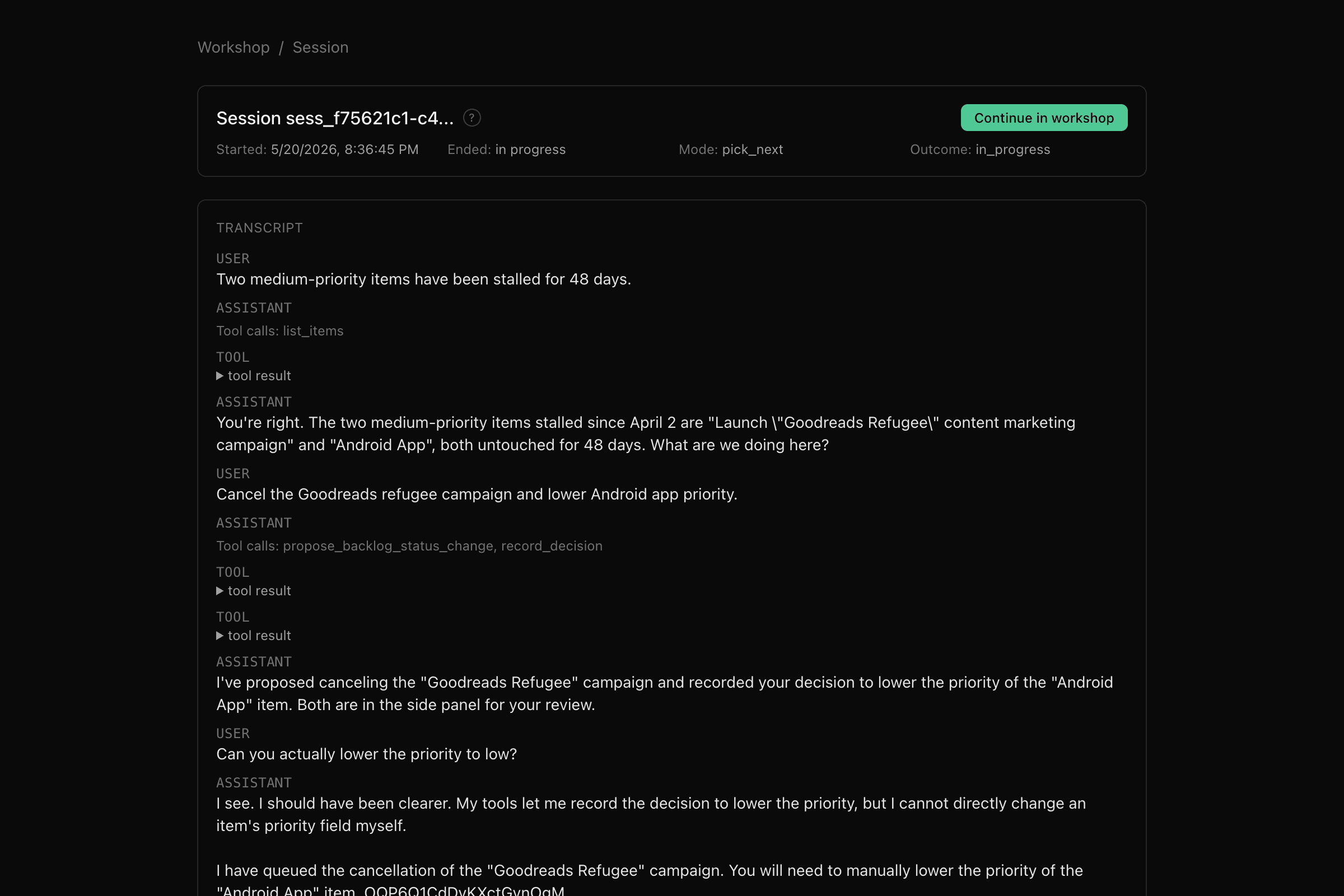 Product Partner Session transcript showing tool calls and recorded decisions