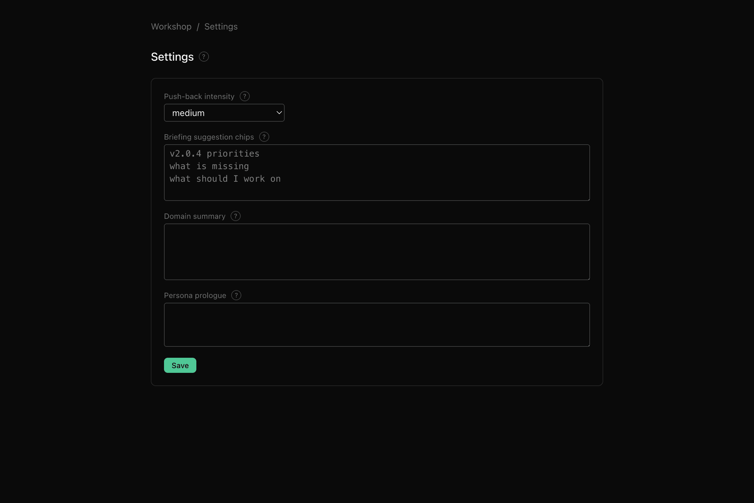 Product Partner Settings screen with push-back intensity and briefing suggestion chips