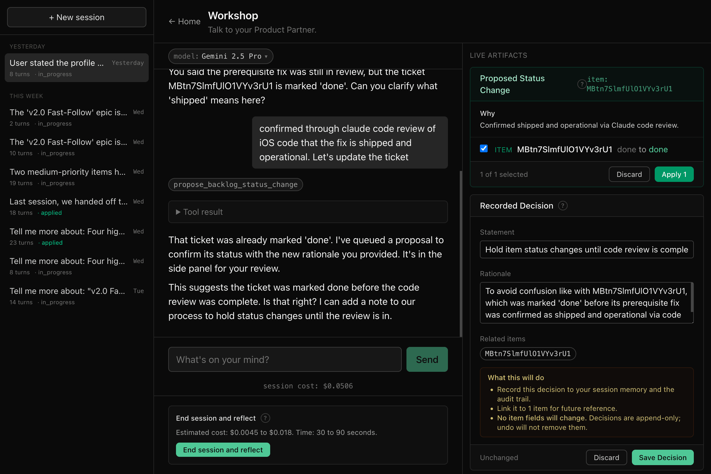 Product Partner Workshop with a proposed status change in a live artifacts panel